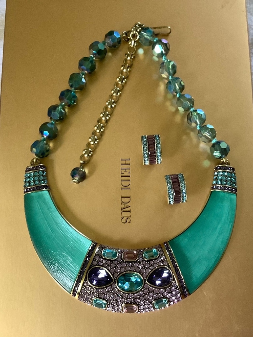 Heidi Daus Say It With Style Beaded Resin Crystal Necklace & Earrings Aqua Green